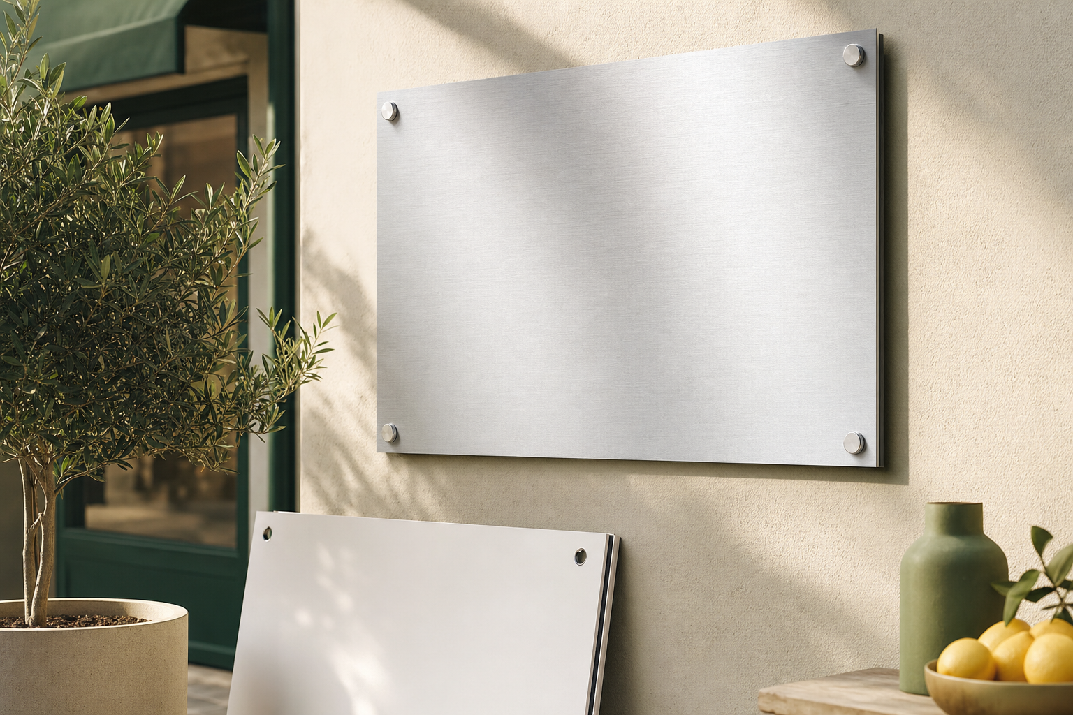 Rigid aluminum composite alupanel sign mounted on a building exterior wall