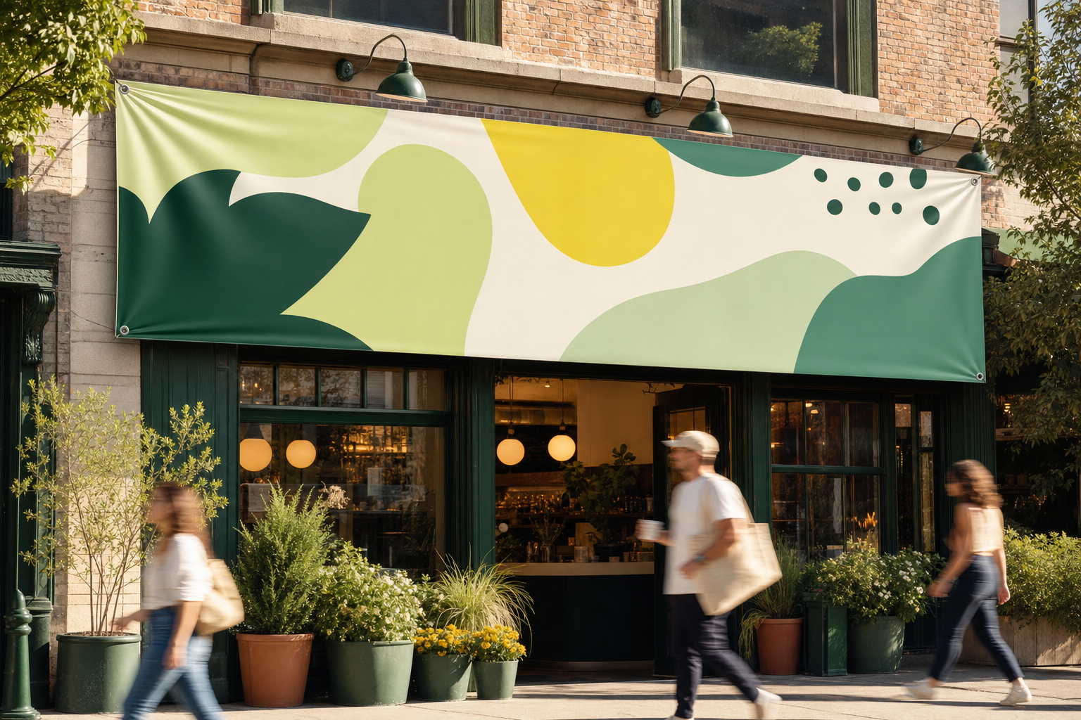Large vinyl banner with grommets hung across a storefront for a promotion