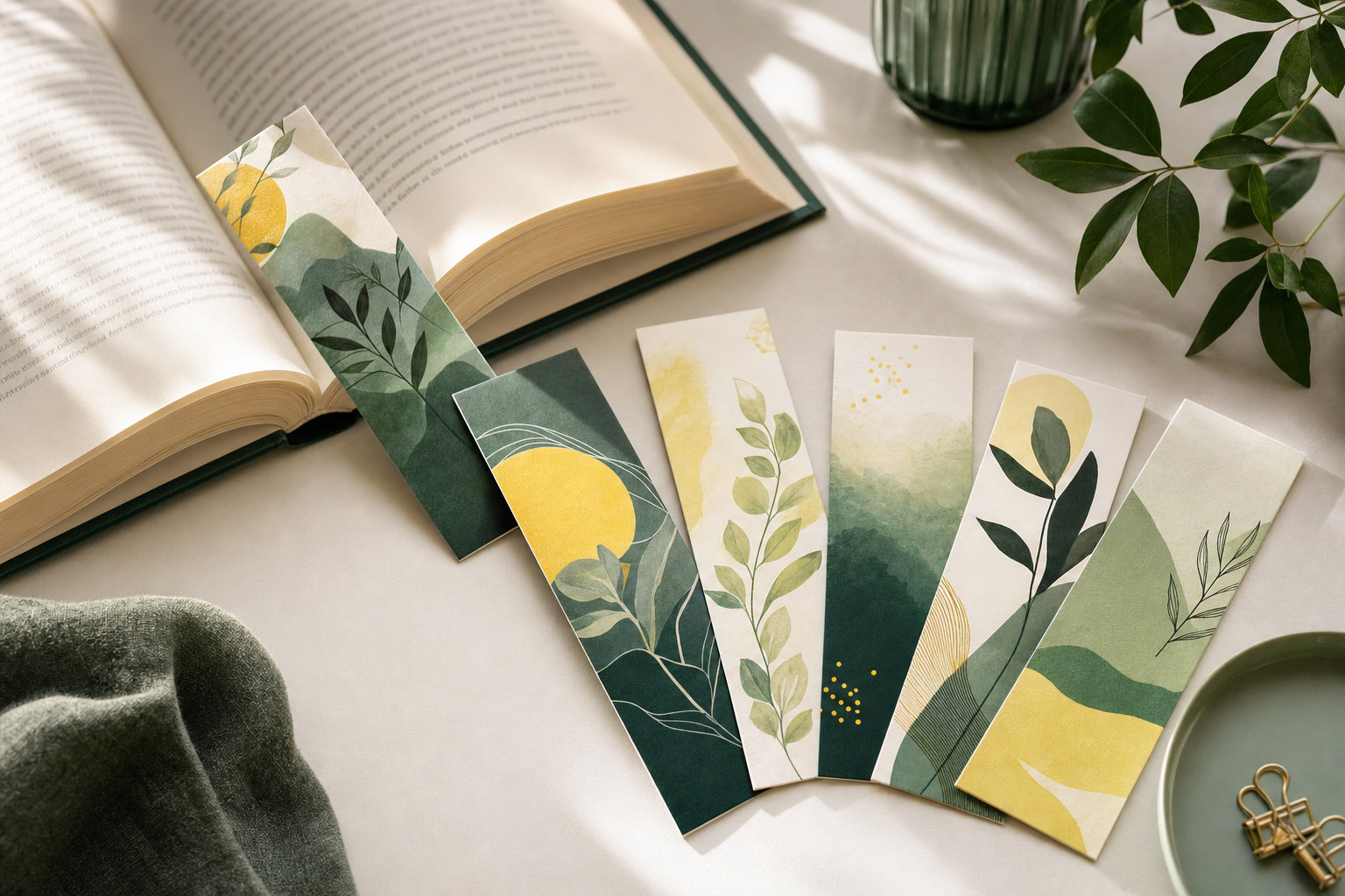 Colourful printed bookmarks arranged beside an open book