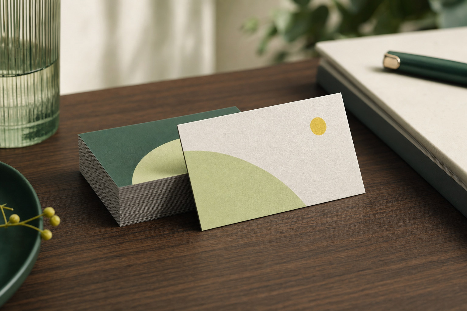 Premium business cards stacked and fanned on a clean desk surface