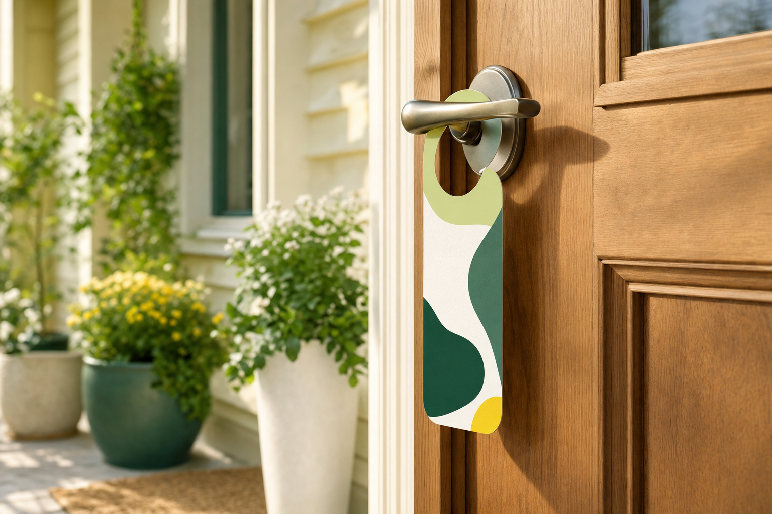 Printed promotional door hanger hanging from a residential front door handle