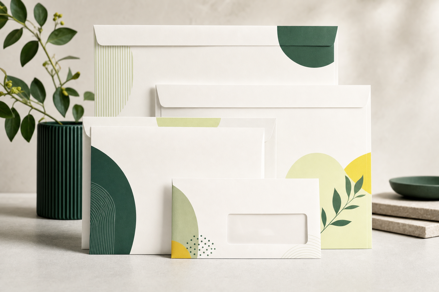 Custom printed business envelopes arranged neatly on a desk