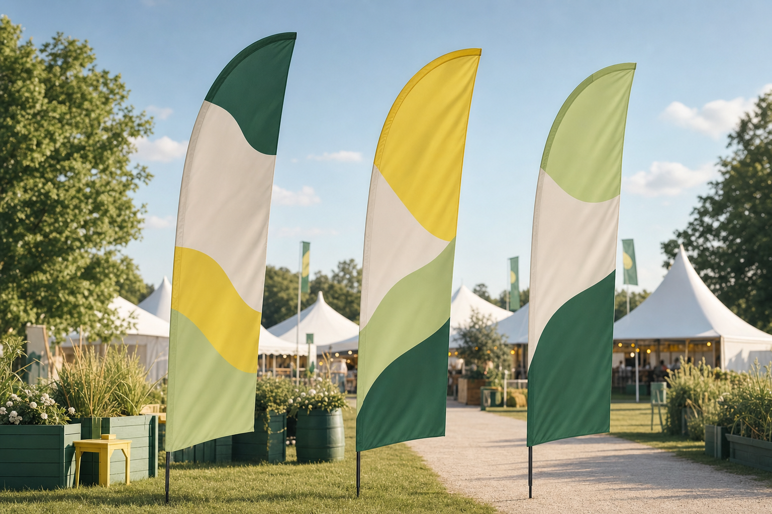 Tall feather flags waving outside a storefront at an outdoor event