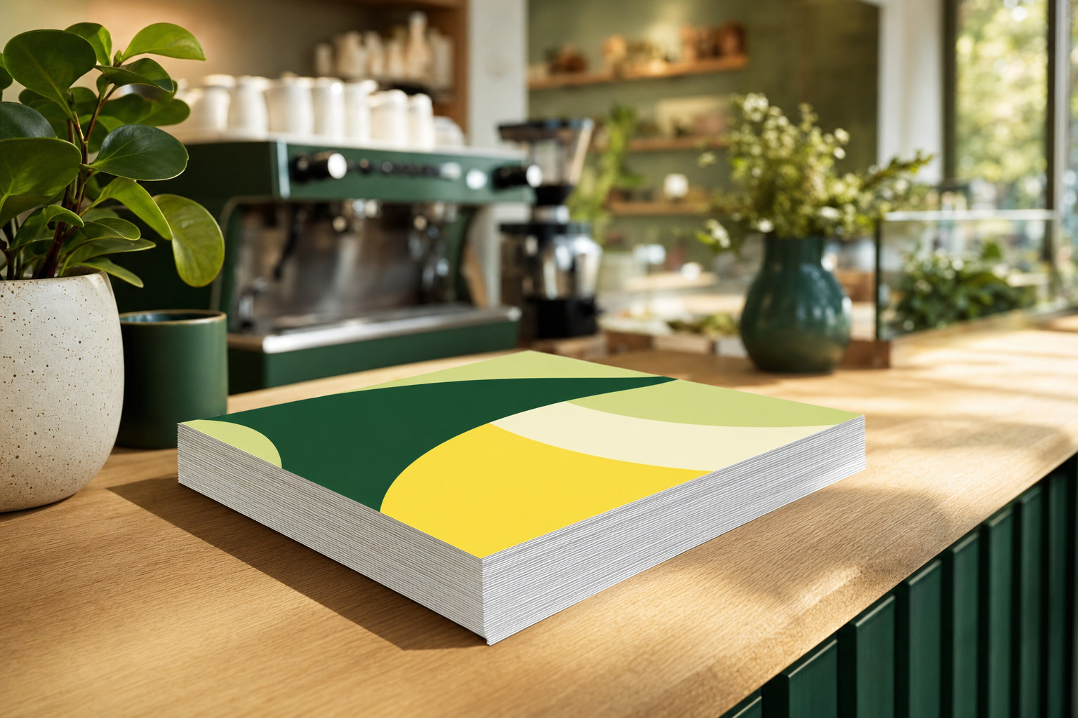 Stack of vibrant promotional flyers on a wooden cafe counter in soft daylight
