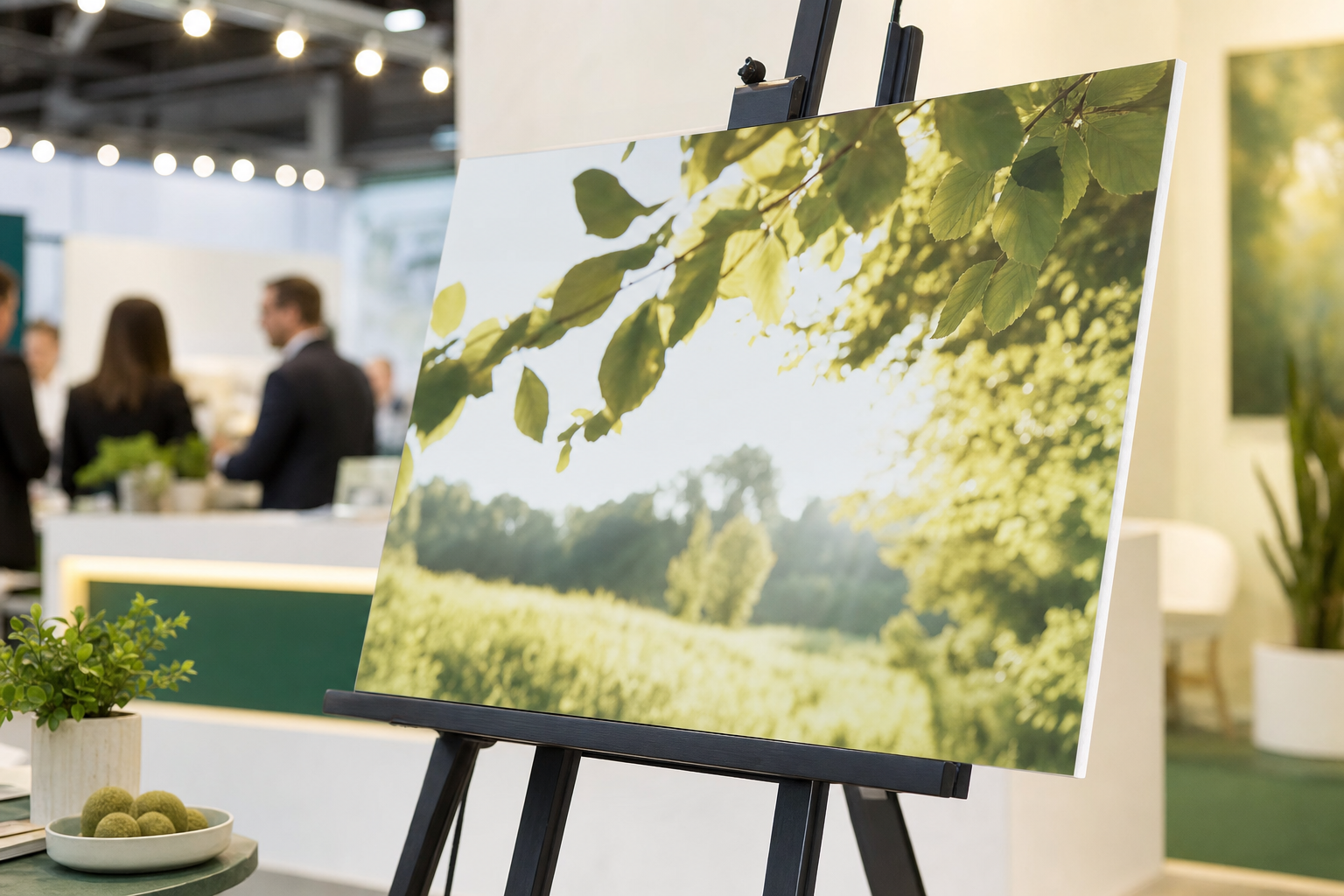 Foamcore presentation board displayed on an easel at a trade show booth