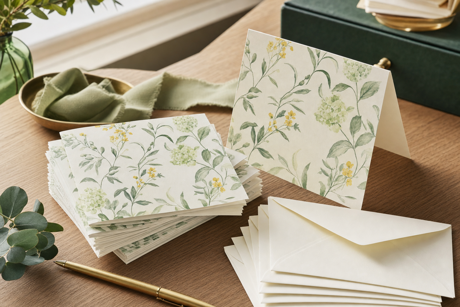 Stack of premium 5x7 folded greeting cards with envelopes on a wooden desk
