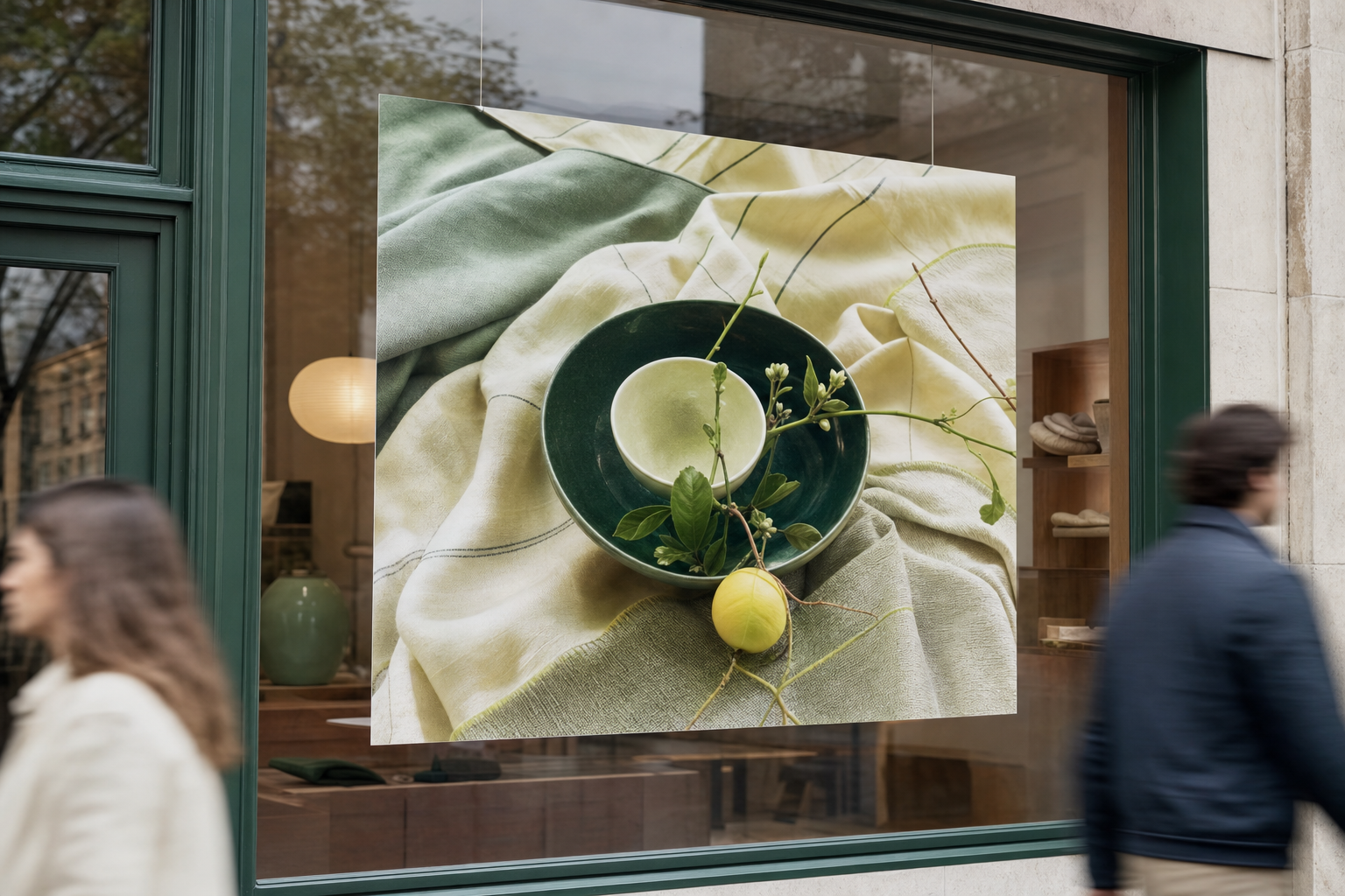 Large format printed poster displayed in a bright retail storefront window