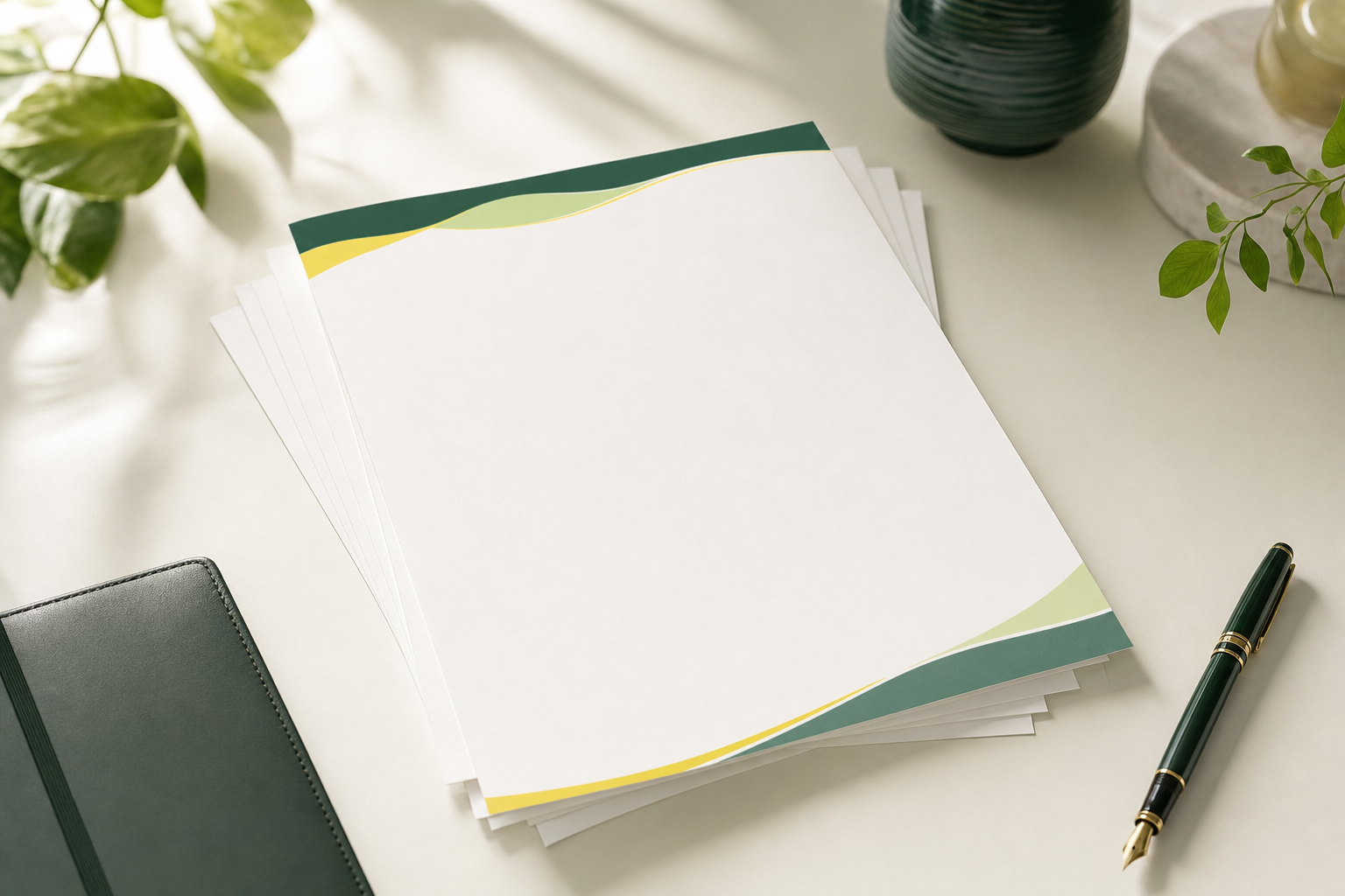 Professionally printed letterhead sheets on a clean office desk