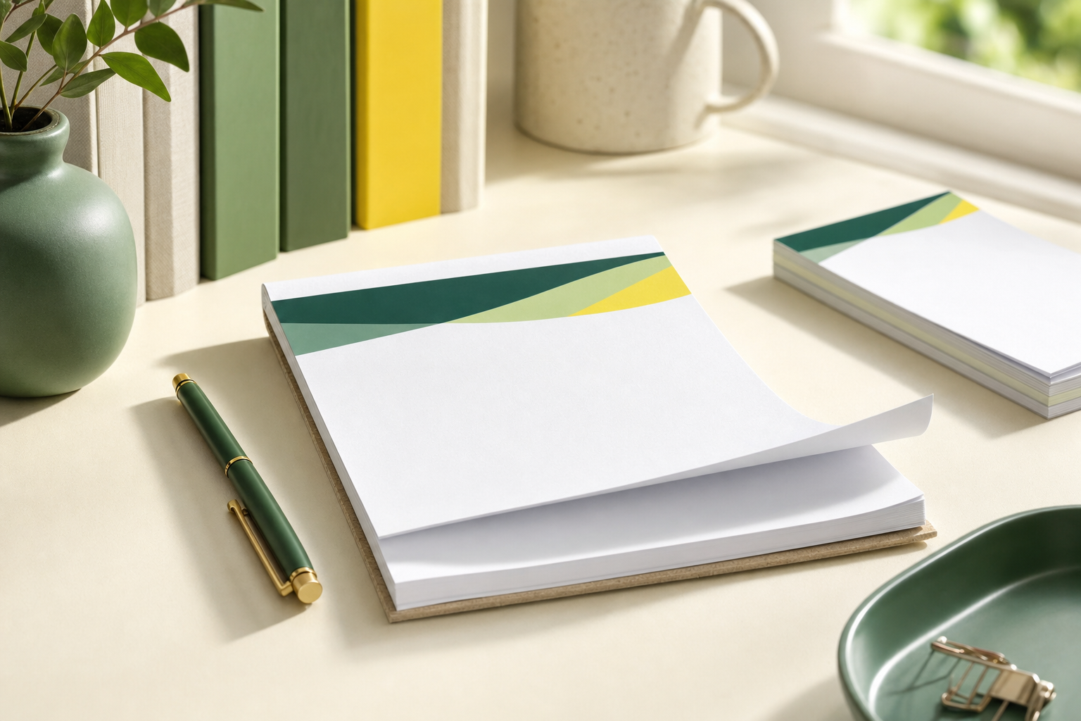 Custom branded notepad with a pen on a tidy office desk