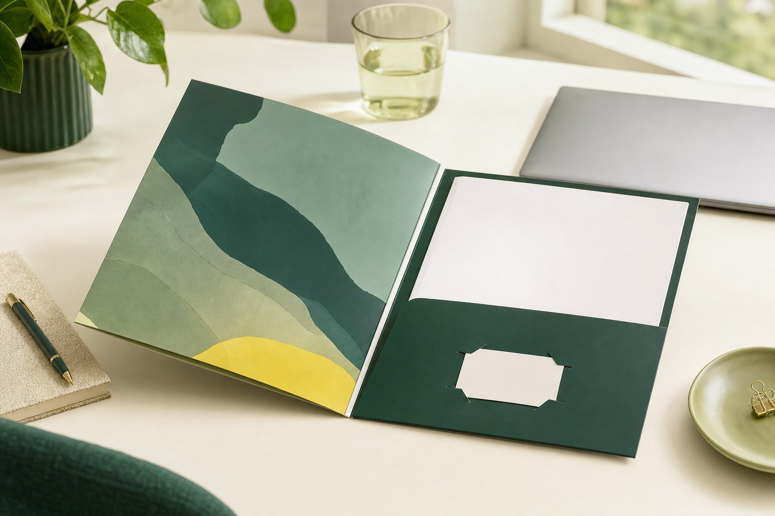 Branded presentation pocket folder with documents and a business card slot
