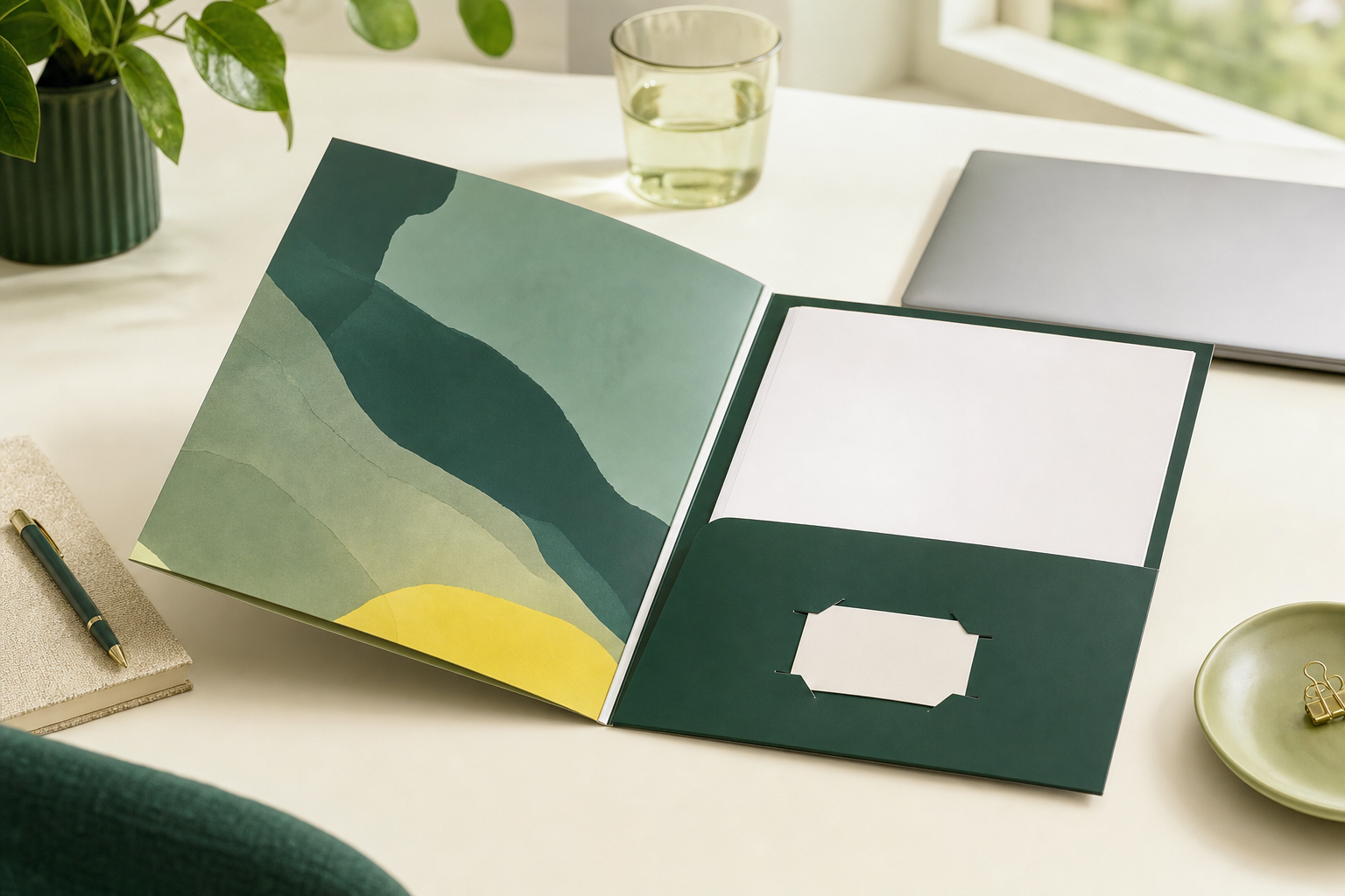Branded presentation pocket folder with documents and a business card slot