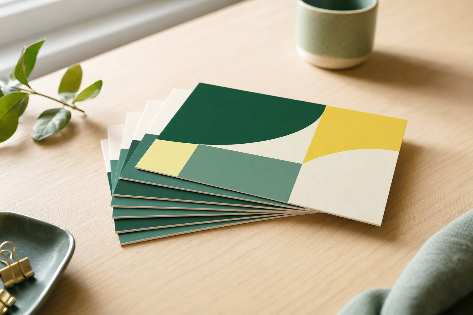 Stack of full-colour printed postcards fanned out on a desk