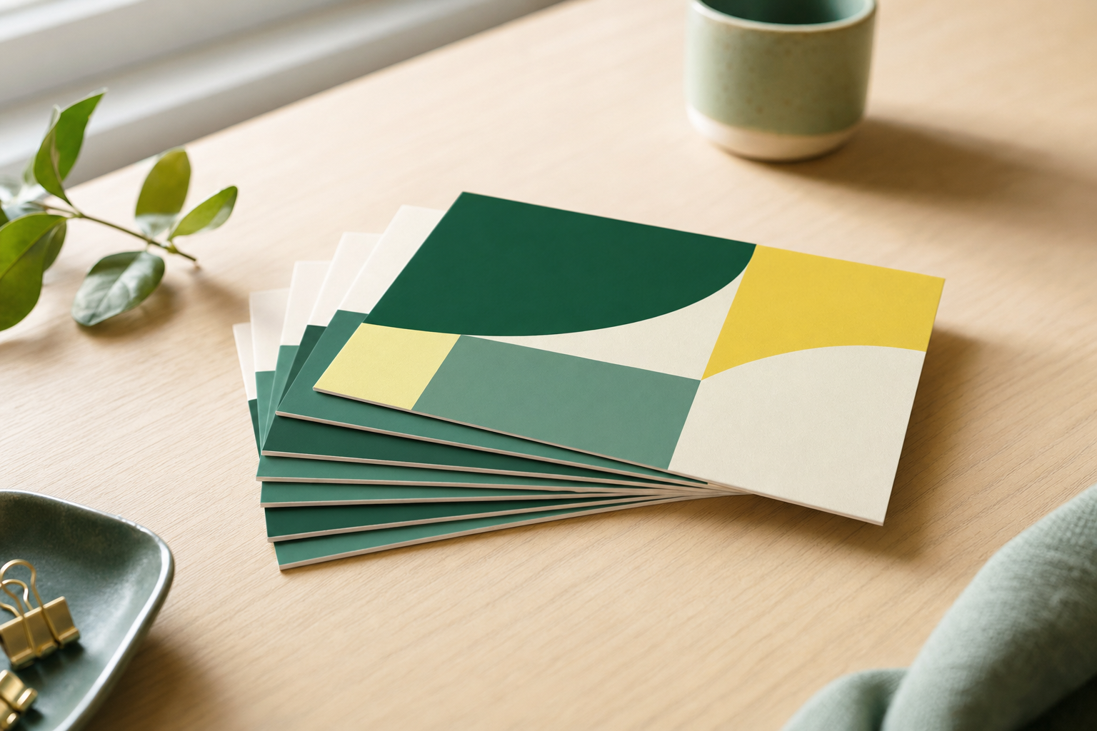 Stack of full-colour printed postcards fanned out on a desk