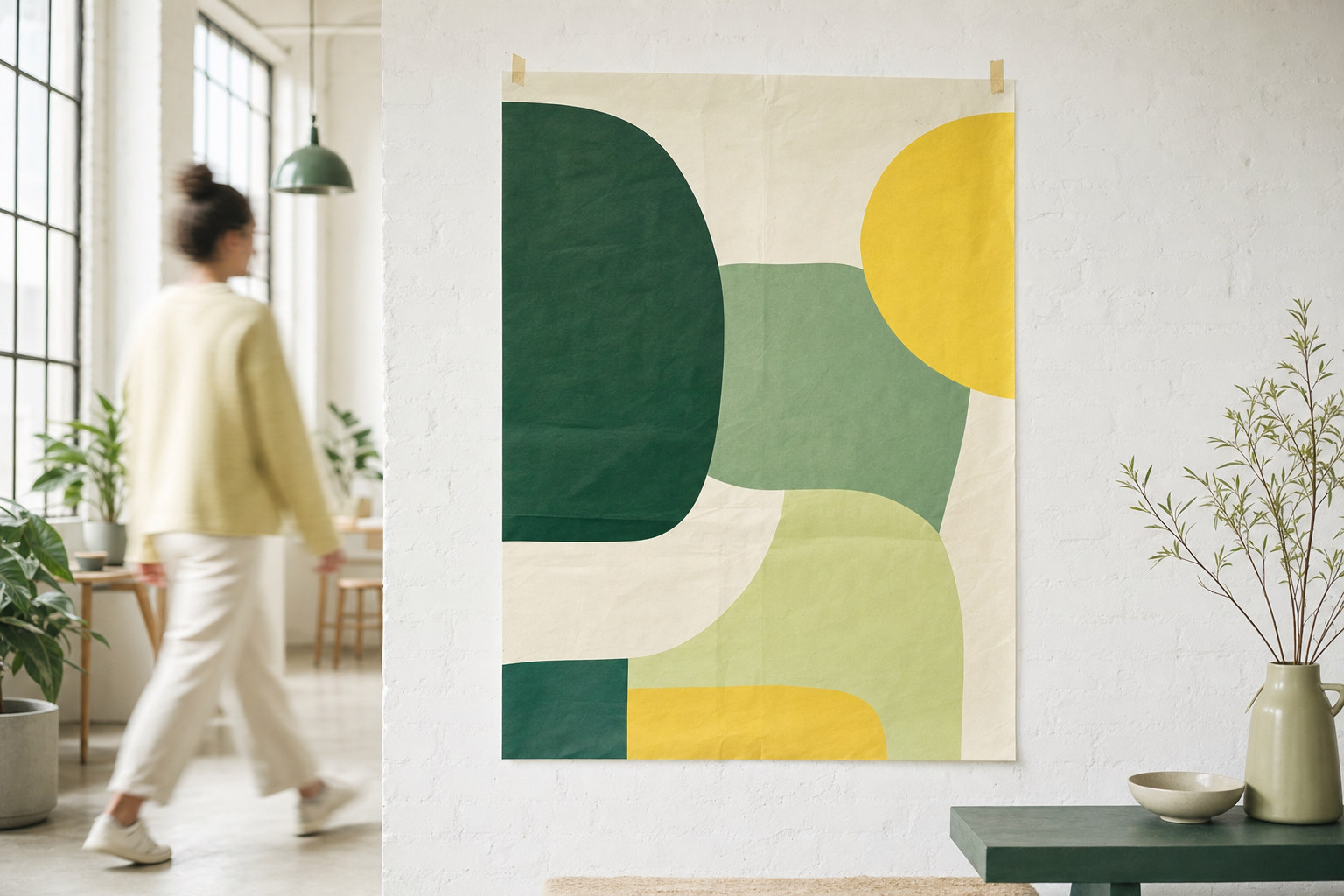 Large colourful poster displayed on a brick wall in a bright modern studio space