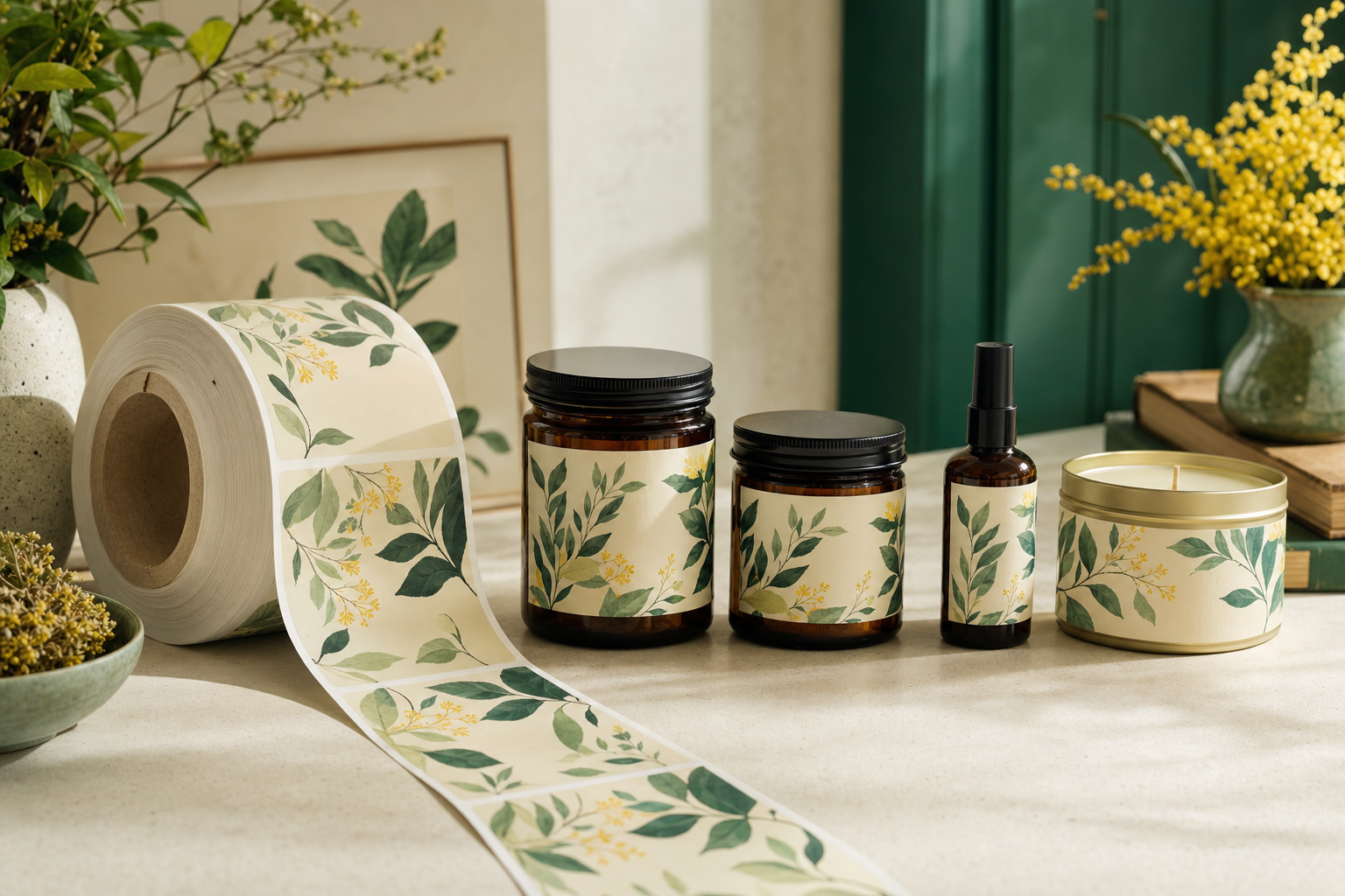 Roll of custom product labels next to labelled jars and bottles on a counter