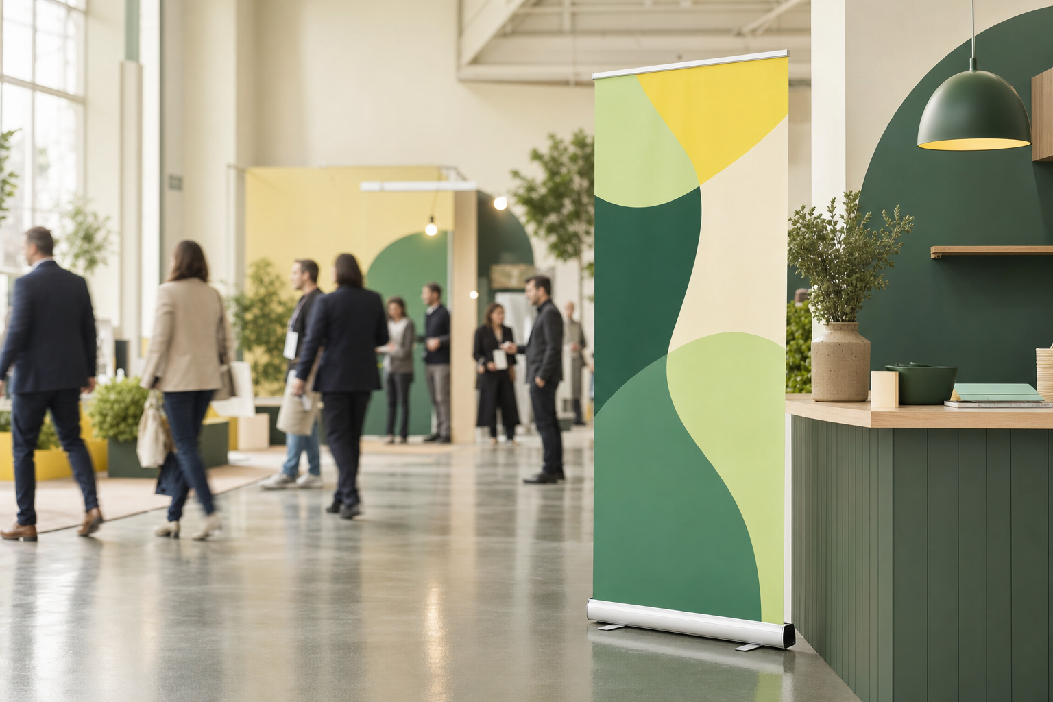 Retractable roll-up banner standing beside a trade show booth