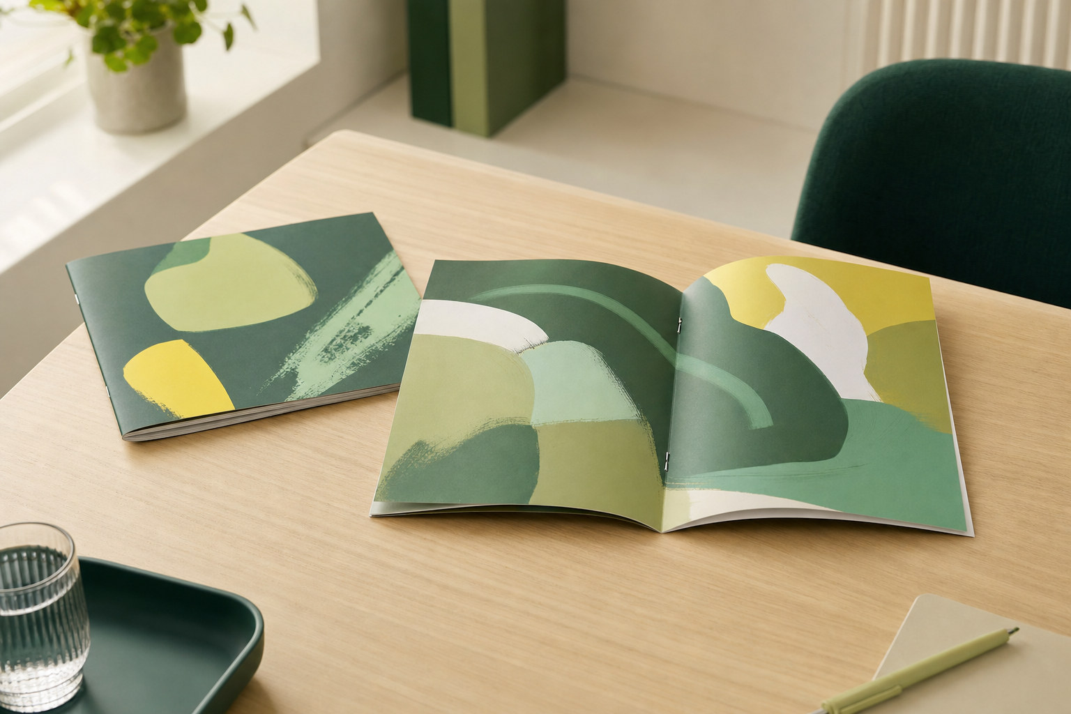 Saddle stitched booklet with a colourful cover lying open on a modern office desk
