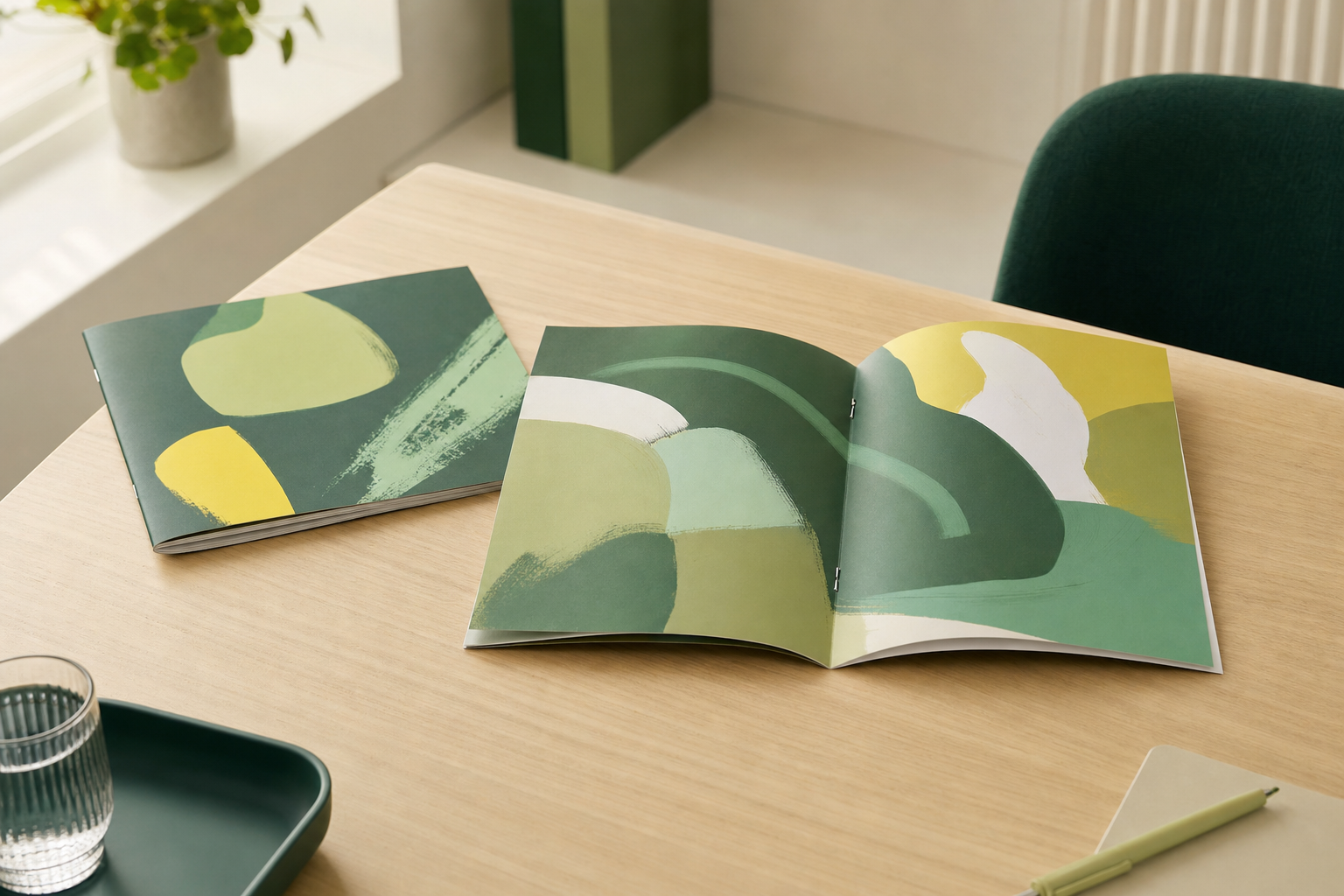 Saddle stitched booklet with a colourful cover lying open on a modern office desk