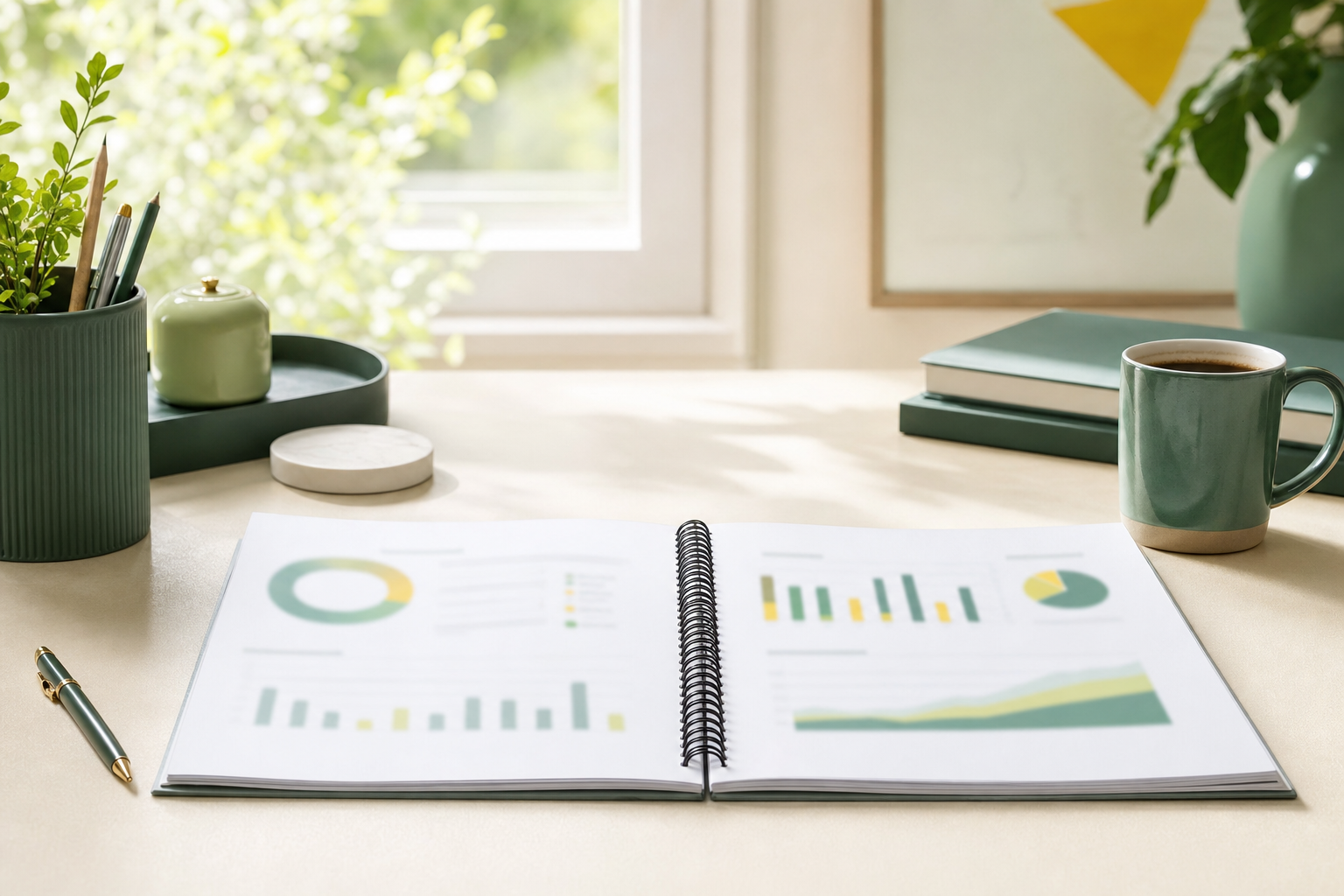 Spiral bound booklet with a plastic coil lying open flat on a clean workspace
