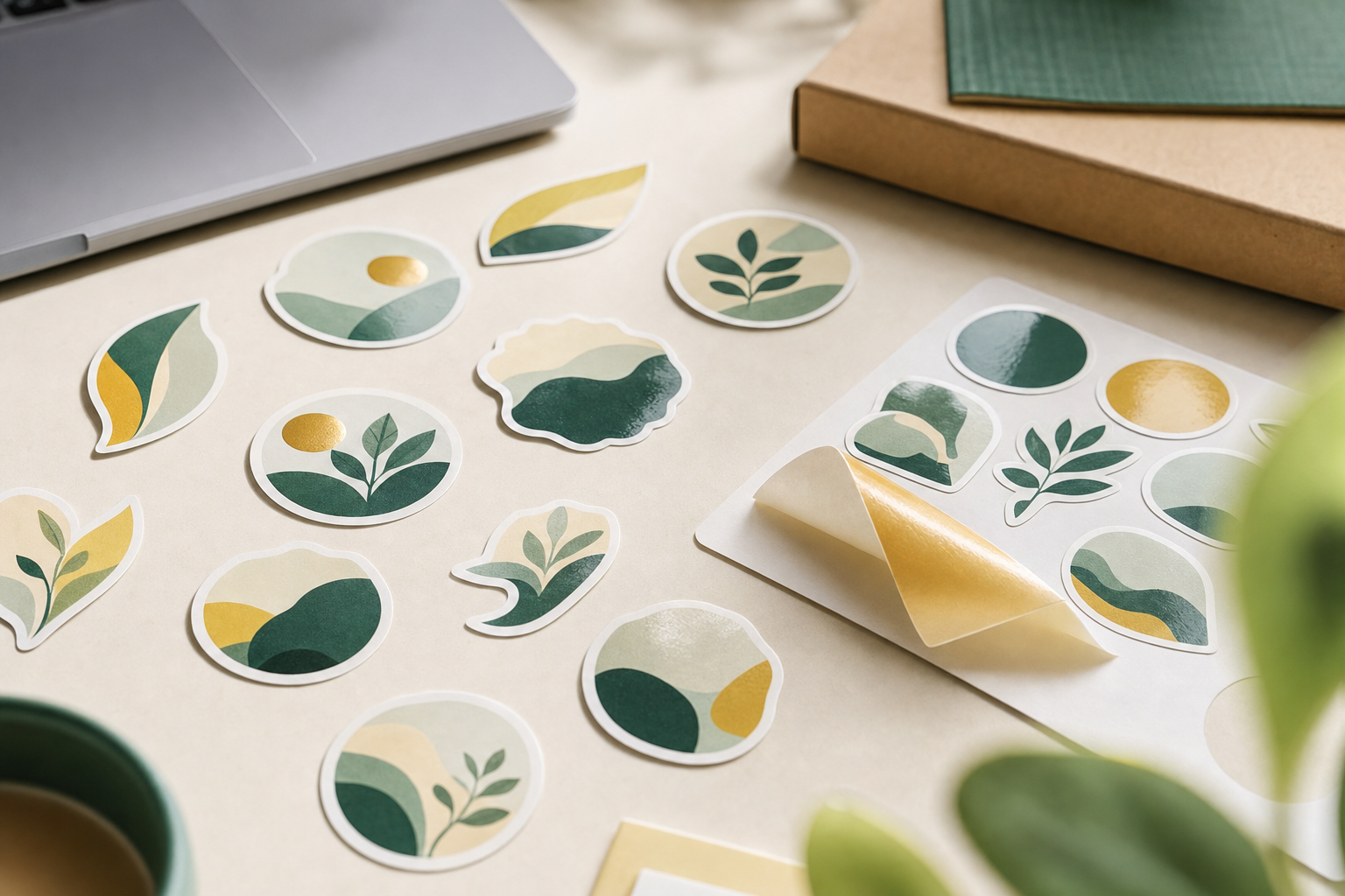Assorted die cut vinyl stickers in custom shapes scattered on a work table