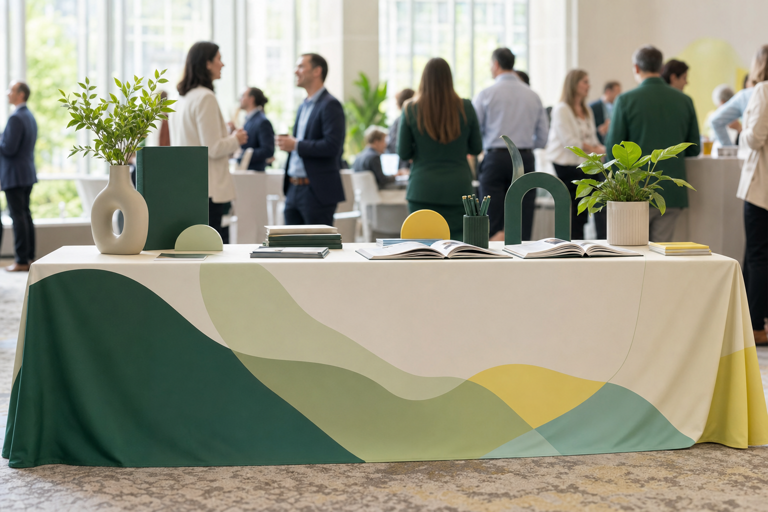 Branded fabric tablecloth on a display table at a trade show booth