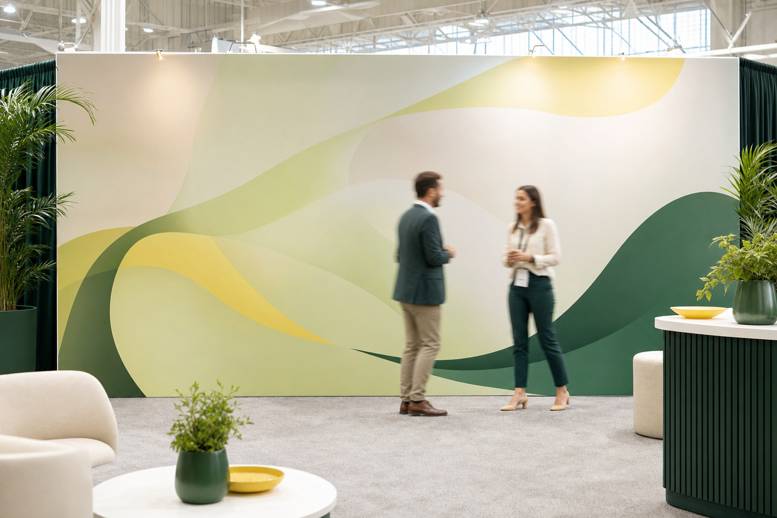 Wide tension fabric backdrop wall behind a trade show booth with visitors nearby
