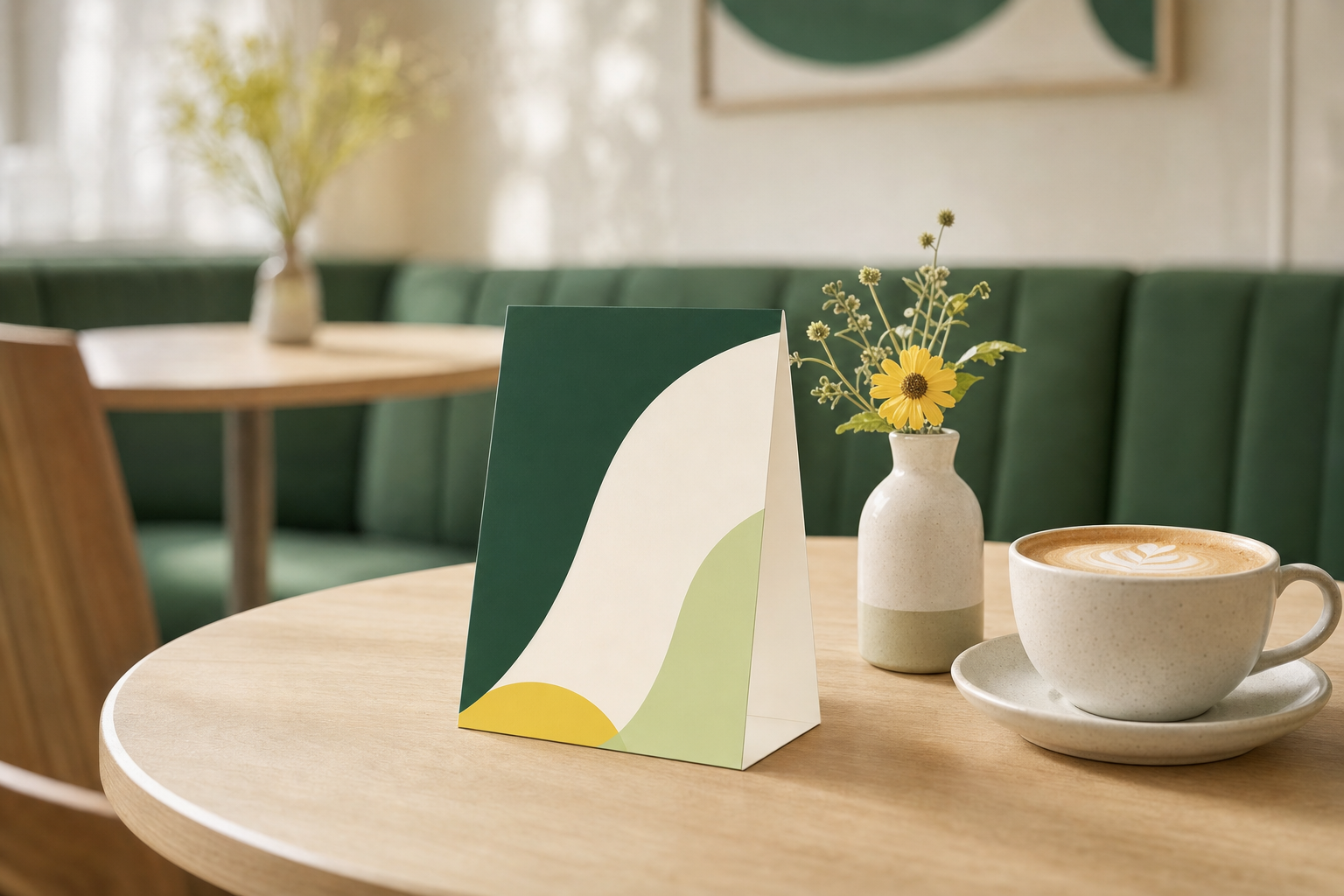 Folded tent card standing upright on a restaurant table beside a coffee cup