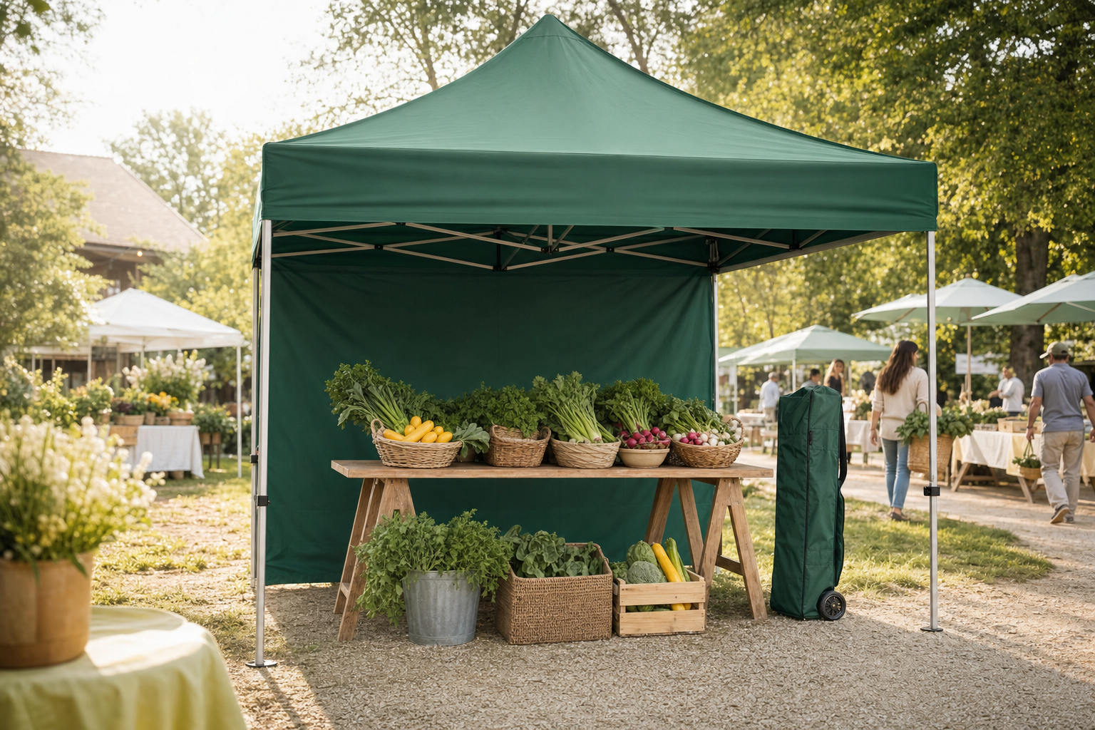 Custom printed 10x10 event tent with full color canopy set up at an outdoor market