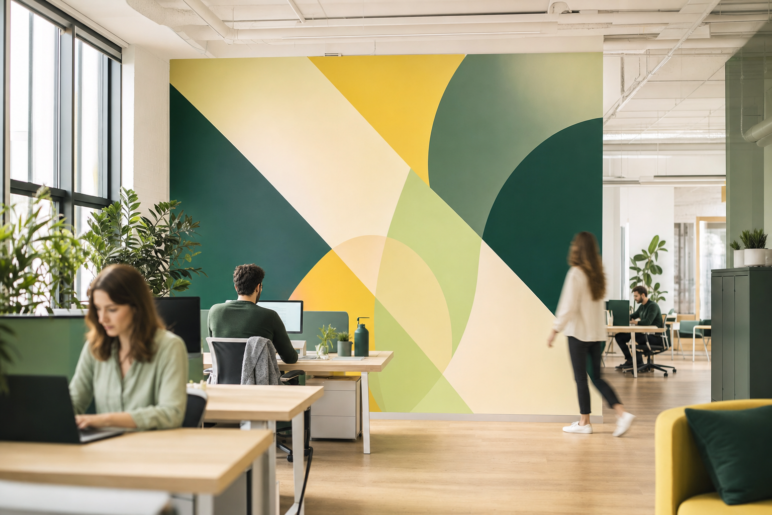 Large custom adhesive vinyl wall graphic installed in a modern office space