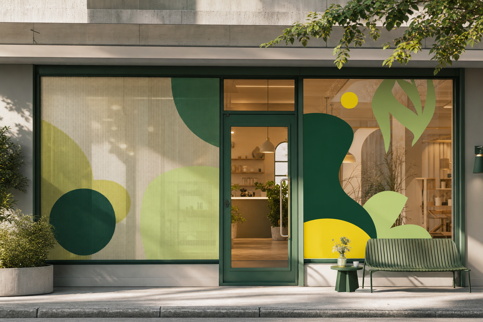 Colourful window graphics applied to a storefront glass facade