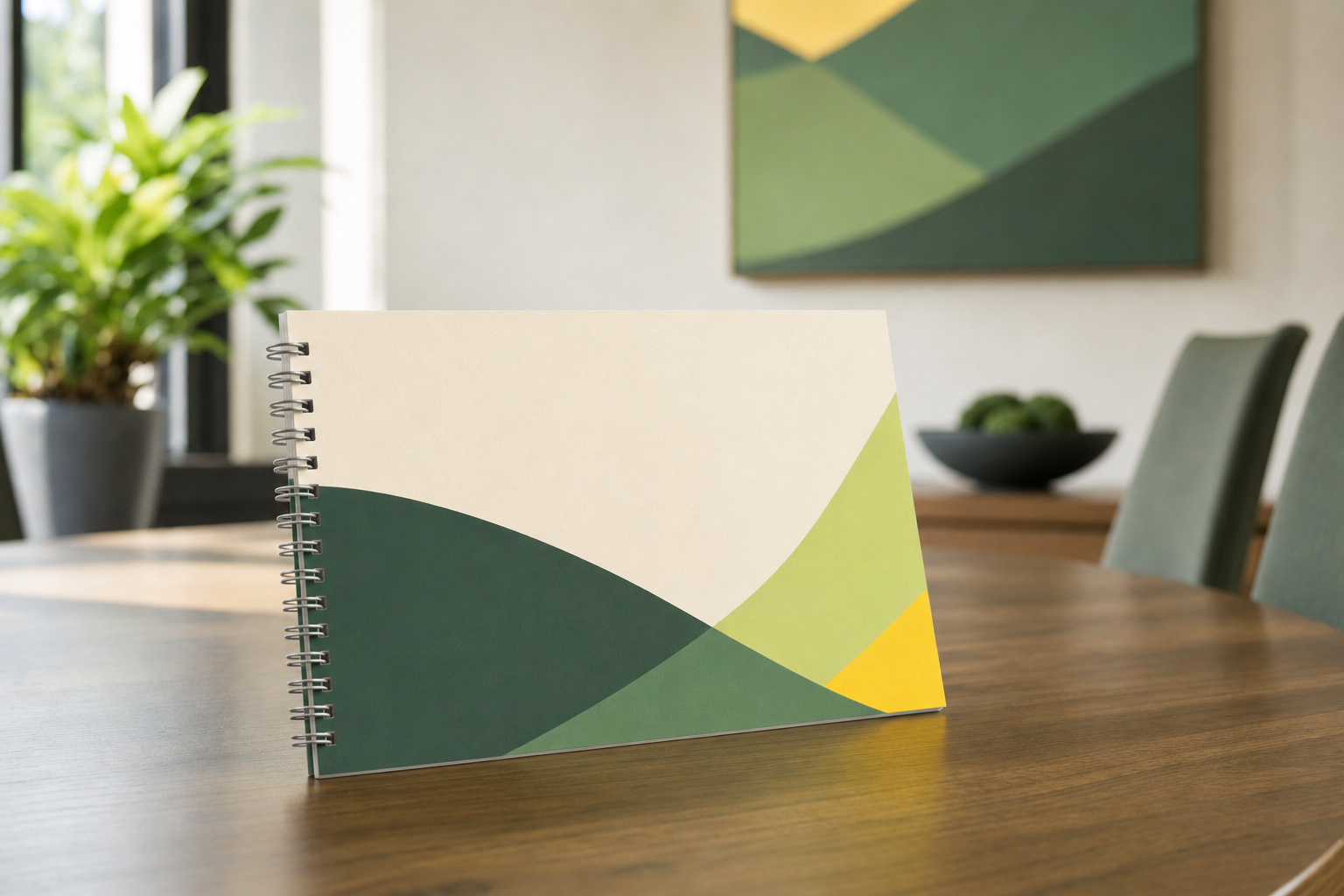 Wire-O bound booklet with silver double-loop wire binding open on a boardroom table