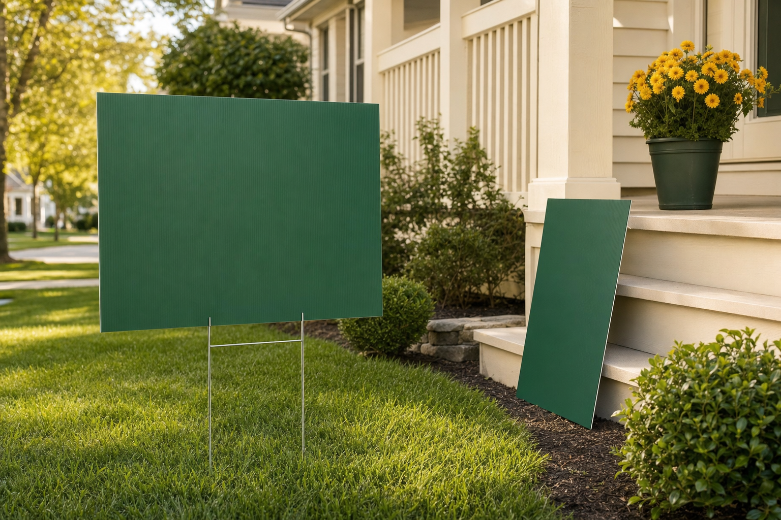 Coroplast yard sign on a metal H-stake planted in a green lawn in front of a house